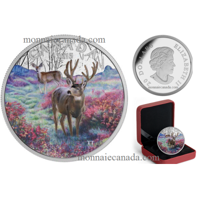 2015 - $20 - Pièce colorée de 1 oz en argent fin – Cerf mulet dans la brume du matin