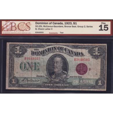 1923 $1 Dollar - F 15 - Bronze Seal - Dominion of Canada - BCS Certifié