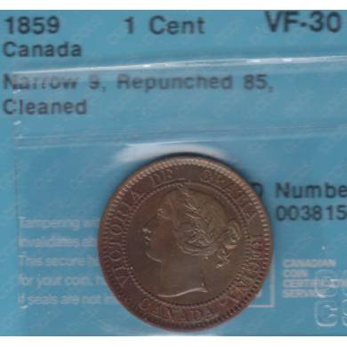 1859 - VF-30 - CCCS - Narrow 9 - Repunched 85 - Canada Large Cent