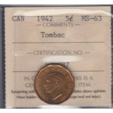 1942 - Tombac - MS-63 - ICCS - Canada 5 Cents