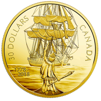 2018 - $30 - 2 oz en argent pur rehausse d'un placage d'or  Capitaine Cook et le HMS Resolution