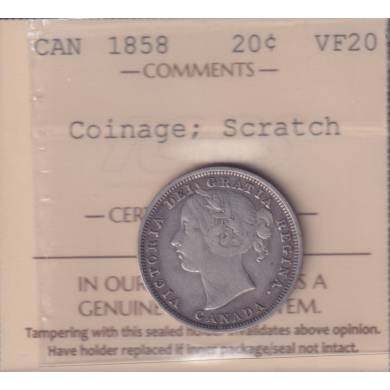 1858 - VF 20 - Coinage - Scratch - ICCS - Canada 20 Cents