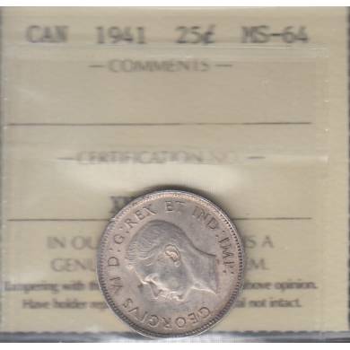 1941 - ICCS - MS 64 - Canada 25 Cents