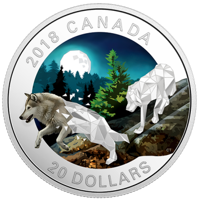 2018 - $20 - Pice colore de 1 oz en argent pur - Faune et gomtrie : Loups gris