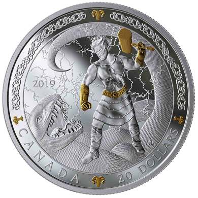 2019 - $20 - 1 oz. Pure Silver Gold-Plated Coin - Norse Gods: Thor