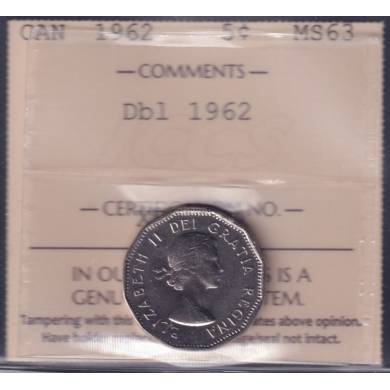 1962 - MS 63 - Double Date - ICCS - Canada 5 Cents