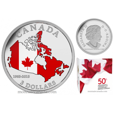 2015 - $3 - Pièce colorée en argent fin – 50e anniversaire du drapeau canadien
