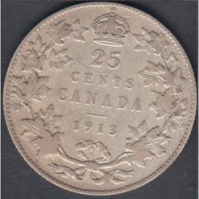 1913 - VG - Nettoyé - Canada 25 Cents