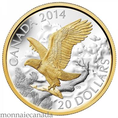 2014 - $20 - 1 oz. Fine Silver Gold-Plated Coin - Perched Bald Eagle