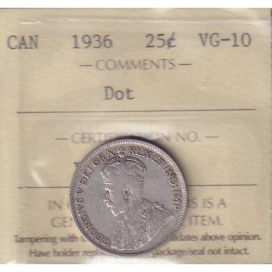 1936 - VG 10 - Dot - ICCS - Canada 25 Cents