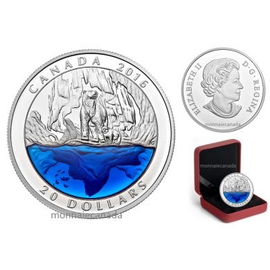 2016 - $20 - Coin – 99.99% Pure Silver Polar Bear with Blue Enamel
