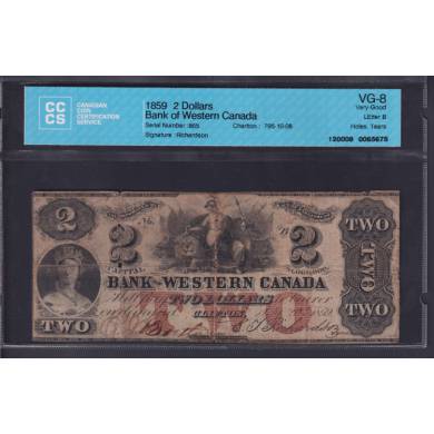 1859 $2 Dollars - VG8 - Bank of Western Canada- CCCS Certified