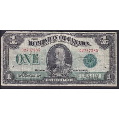 1923 $1 Dollar - Fine - Green Seal - Dominion du Canada