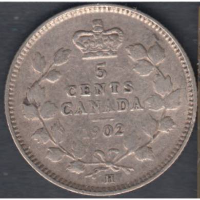 1902 H - VG/F - Large H - Canada 5 Cents