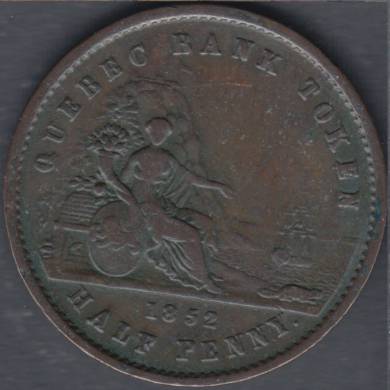 1852 - VF - Quebec Bank - Half Penny Token - Province du Canada - Un Sou - PC-3