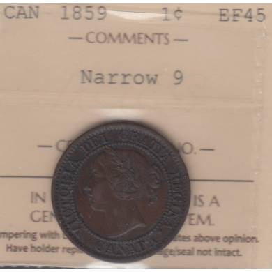 1859 - EF-40 - ICCS - Narrow 9 - Low 9 - Canada Large Cent