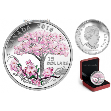 2016 - $15 - Fine Silver Coloured Coin  Celebration of Spring: Cherry Blossoms