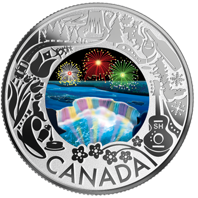 2019 - $3 - Pice colore en argent pur - Petits bonheurs de la vie au Canada : Lumires d'hiver aux chutes Niagara