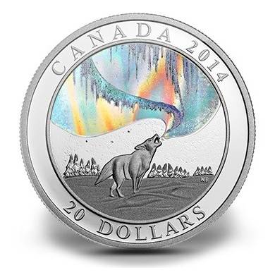 2014 - $20 - 1 oz. Fine Silver Hologram Coin - A Story of the Northern Lights: Howling Wolf
