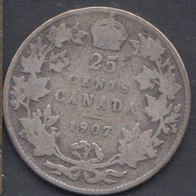 1907 - VG - Damaged - Canada 25 Cents