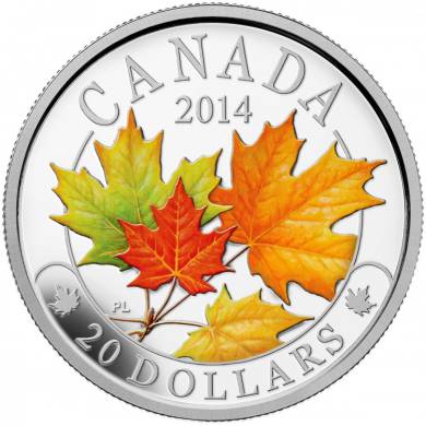 2014 - $20 - Pice 1 oz en argent fin - Majestueuses feuilles d'rable colores