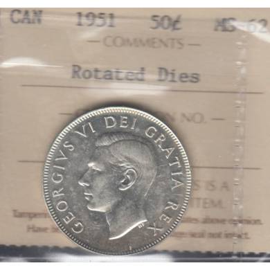 1951 - Rotated Dies - MS-62 - ICCS - Canada 50 Cents