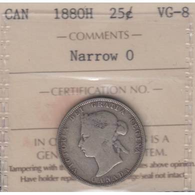 1880 H - VG-8 - ICCS - Narrow 0 - Canada 25 Cents