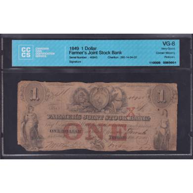 1849 $1 Dollars - VG8 - Farmer's Joint Stock Bank- CCCS Certifi