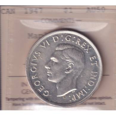 1947 - AU 50 - Maple Leaf - ICCS - Canada 1 Dollar