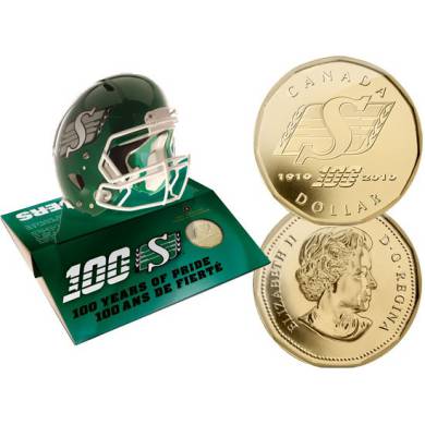 2010 $1 Saskatchewan Roughriders Pop Up Football Casque Dollar Plaqué Or