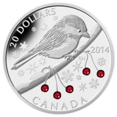 2014 - $20 - 1 oz. Fine Silver Coin - Chickadee with Swarovski Winter Berry Elements