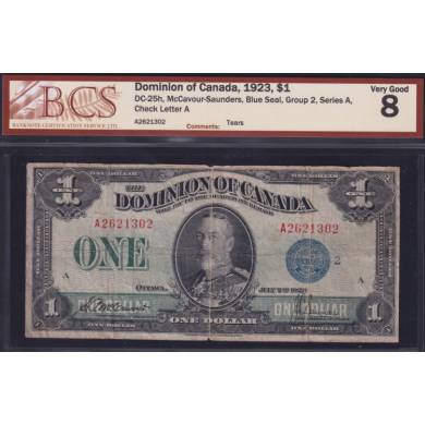 1923 $1 Dollar - VG 8 - Blue Seal - Dominion of Canada - BCS Certifié
