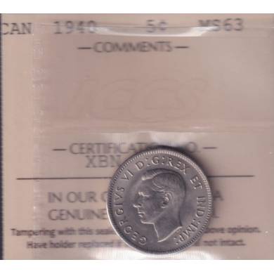 1940 - MS 63 - ICCS - Canada 5 Cents