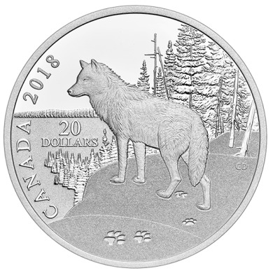 2018 - $20 - 1 oz. Pure Silver Coin - Paw Prints on the Edge: Wolf
