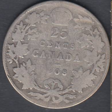 1908 - VG - Damaged  - Canada 25 Cents