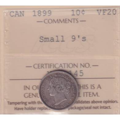 1899 - Small '9' - VF 20 - ICCS - Canada 10 Cents