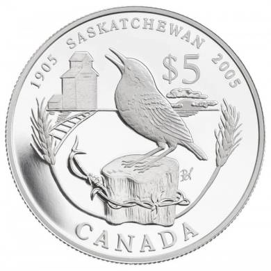2005 - $5 Fine Silver - Saskatchewan Centennial Special Ed. Proof  - Tax Exempt