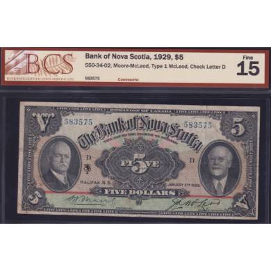 1929 $5 Dollars - F 15 - Bank of Nova Scotia - BCS Certified