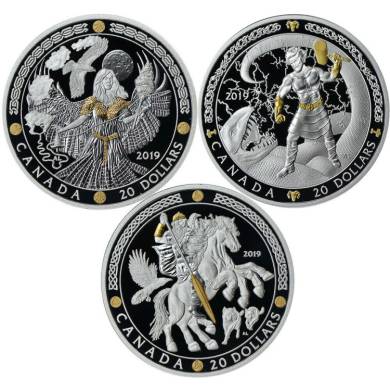 2019 - Norse Gods - 1 oz. Pure Silver Gold-Plated 3-Coin Set