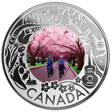 2019 - $3 - Pice colore en argent pur - Petits bonheurs de la vie au Canada : Cerisiers en fleurs