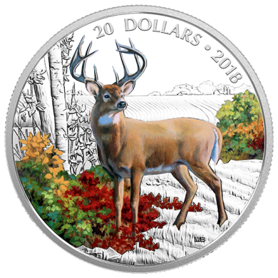 2018 - 20 - 1 oz. Pure Silver Coloured Coin - Majestic Wildlife: Wandering White-tailed Deer