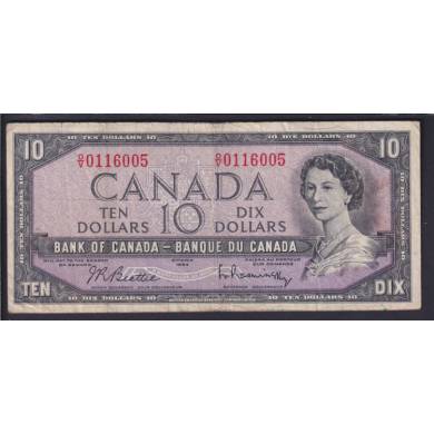 1954 $10 Dollars - F/VF - Beattie Rasminsky - Prefix O/V