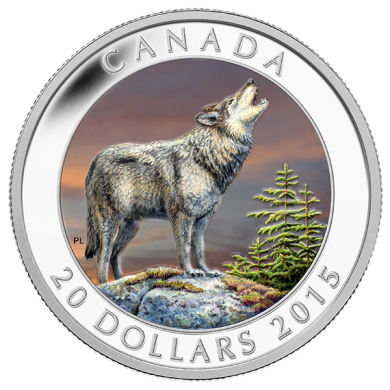 2015 - $20 - Pièce de 1 oz en argent fin colorée - L'appel du loup