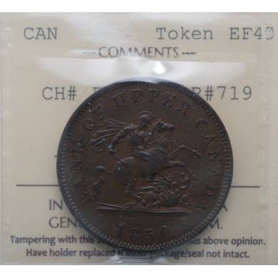1850 - EF 40 ICCS - Bank of Upper Canada - One Penny Token - PC-6A1 - BR 719