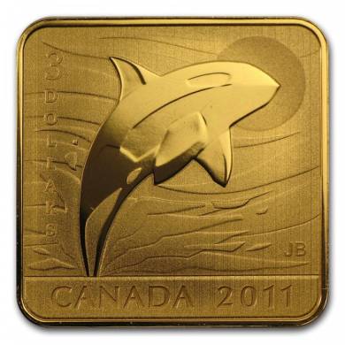 2011 - $3 - Sterling Silver Gold Plated Square Coin - Orca Whale