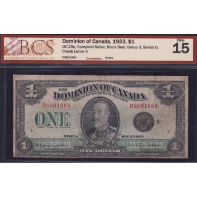 1923 $1 Dollar - F 15 - Black Seal - Dominion of Canada - BCS Certifié