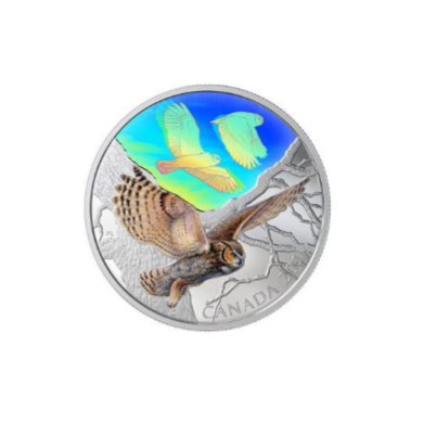 2019 - Majestic Birds in Motion - $30 - 2 oz. Pure Silver Hologram - Great Horned Owls