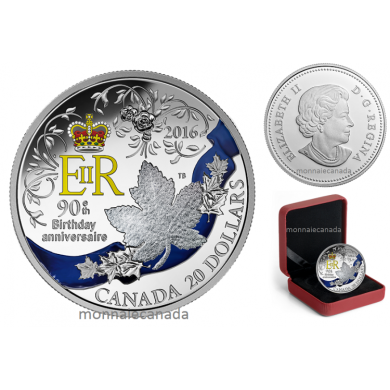 2016 - $20 - 1 oz. Fine Silver Coloured Coin  A Celebration of Her Majesty's 90th Birthday