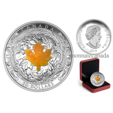 2016 - $20 - 1 oz. Fine Silver Coin – Majestic Maple Leaves With Drusy Stone