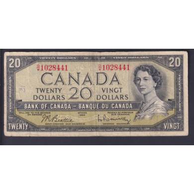 1954 $20 Dollars - Fine - Beattie Rasminsky - Prefix D/W